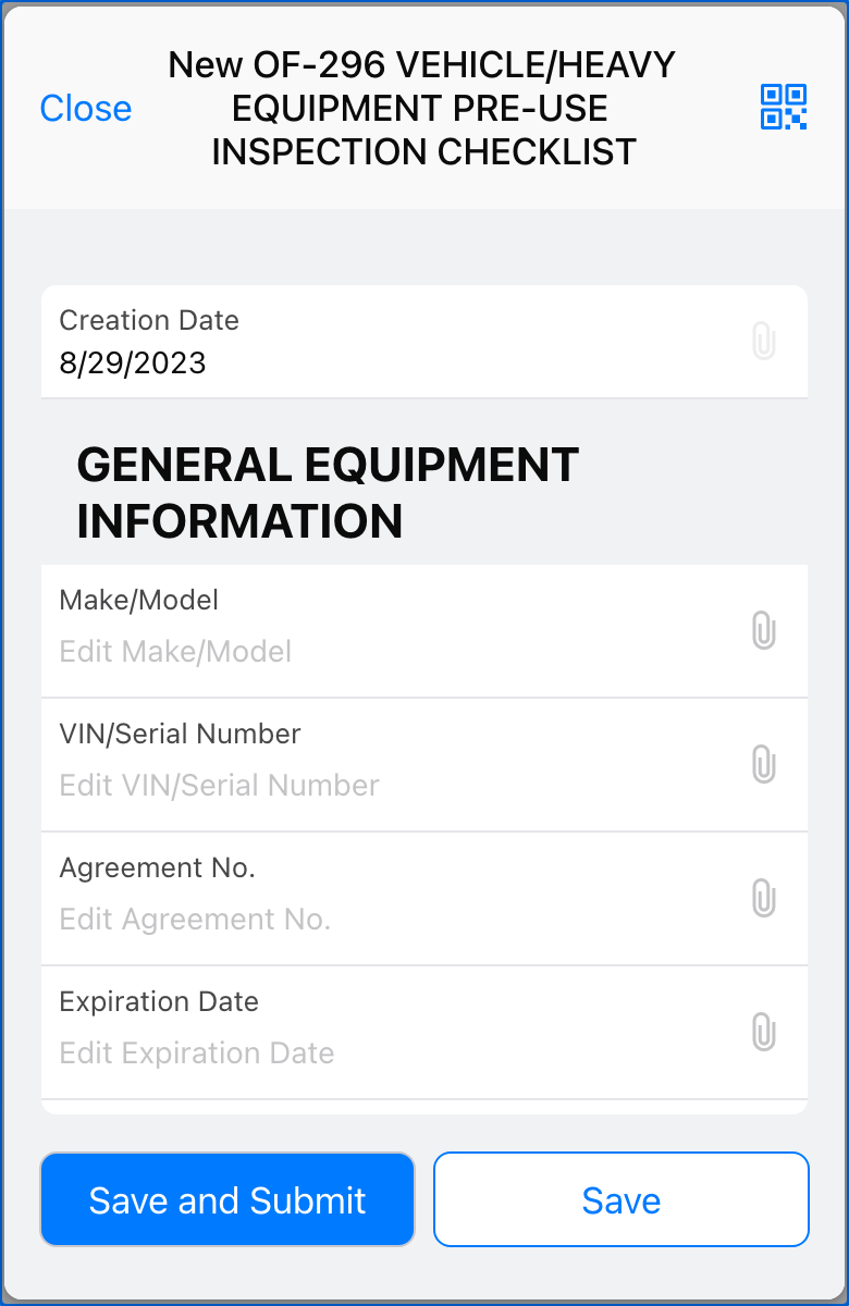 Image of a OF-296 VEHICLE/HEAVY EQUIPMENT PRE-USE INSPECTION CHECKLIST form